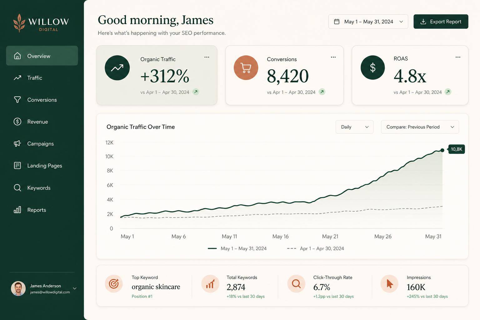 Willow Digital — DTC Skincare performance dashboard